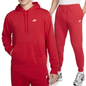 Nike Club Fleece Tuta Completa Rosso Cappuccio Uomo FN3866-657/FN3801-657 Cotone garzato sport palestra ginnastica