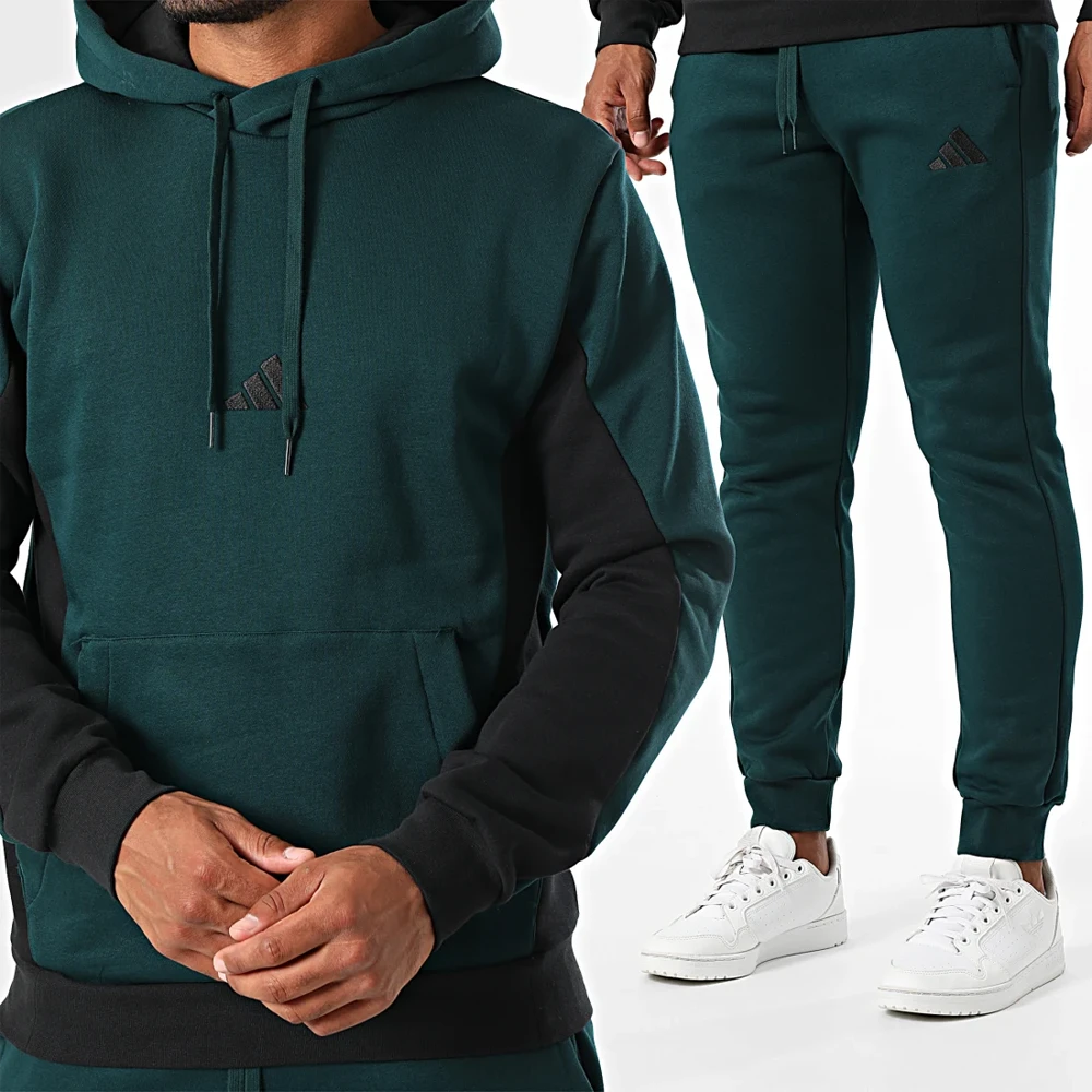 ADIDAS tuta completa french terry Verde nero felpata cappuccio KB5266 - 1 Adidas Tuta Completa French Terry Verde Nero Uomo Felpata Cappuccio KB5266