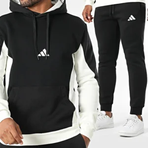 Adidas Tuta Completa French Terry Nero Bianco Uomo Felpata Cappuccio KB5264