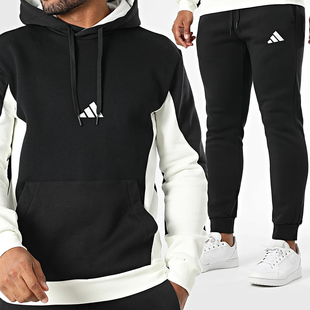 ADIDAS tuta completa french terry nero bianco felpata cappuccio KB5264 - 1 Adidas Tuta Completa French Terry Nero Bianco Uomo Felpata Cappuccio KB5264