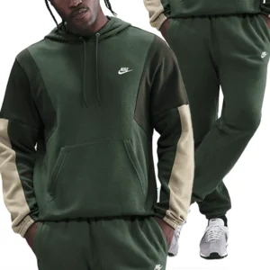 Nike Tuta Completa Club Fleece ColorBlock Verde Uomo Felpata Cappuccio HV1165-323